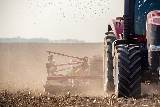 The tractor harvester working on the field